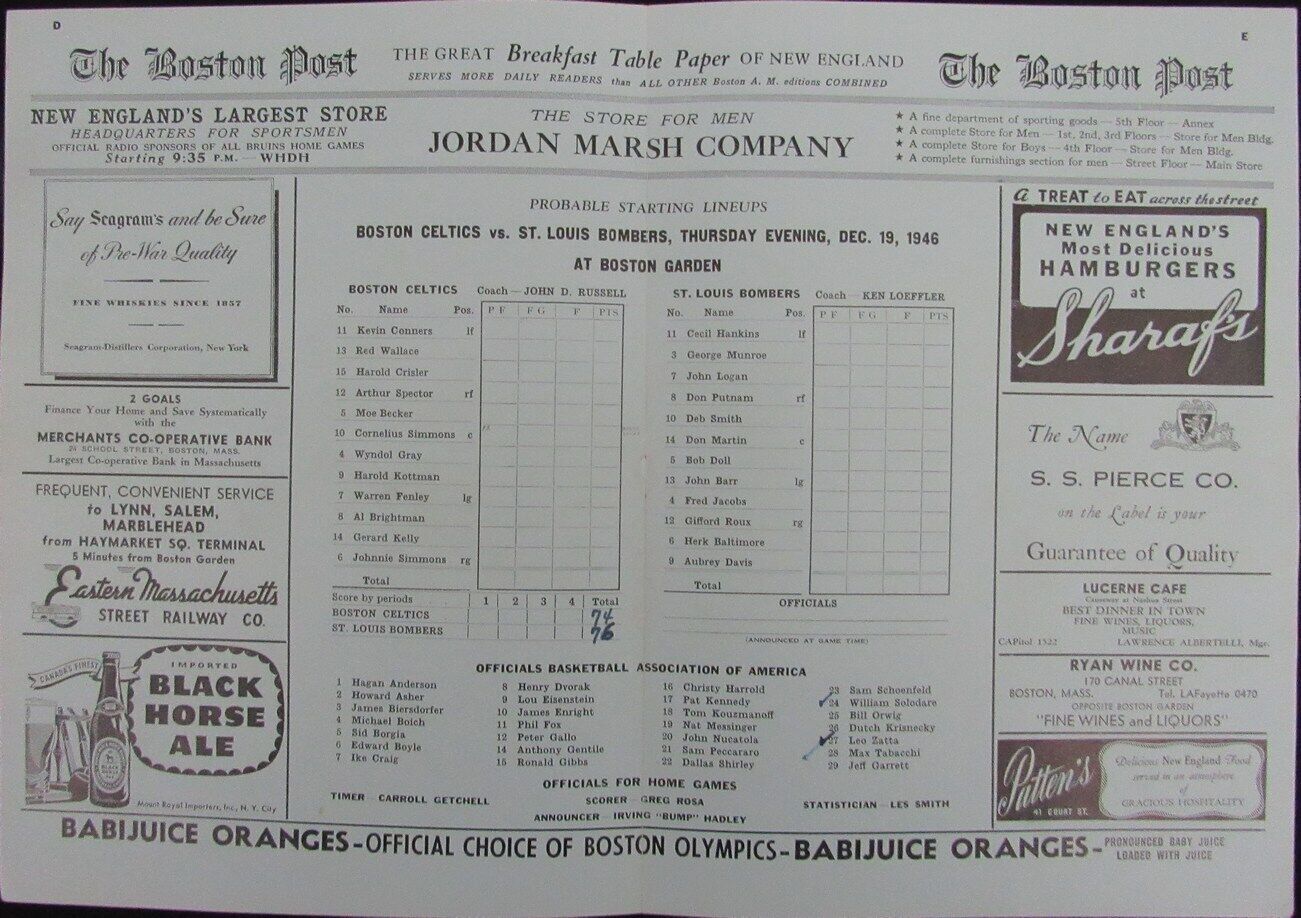 Vintage 1946 Boston Celtics vs. St. Louis Bombers Game Program 176883