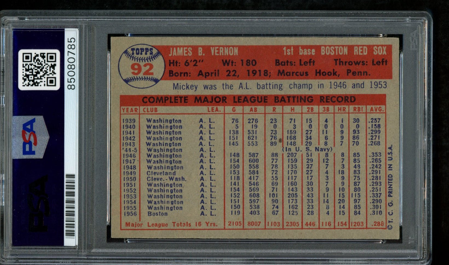1957 TOPPS Mickey Vernon #92 Auth Card Signed Boston Red Sox PSA/DNA 184097