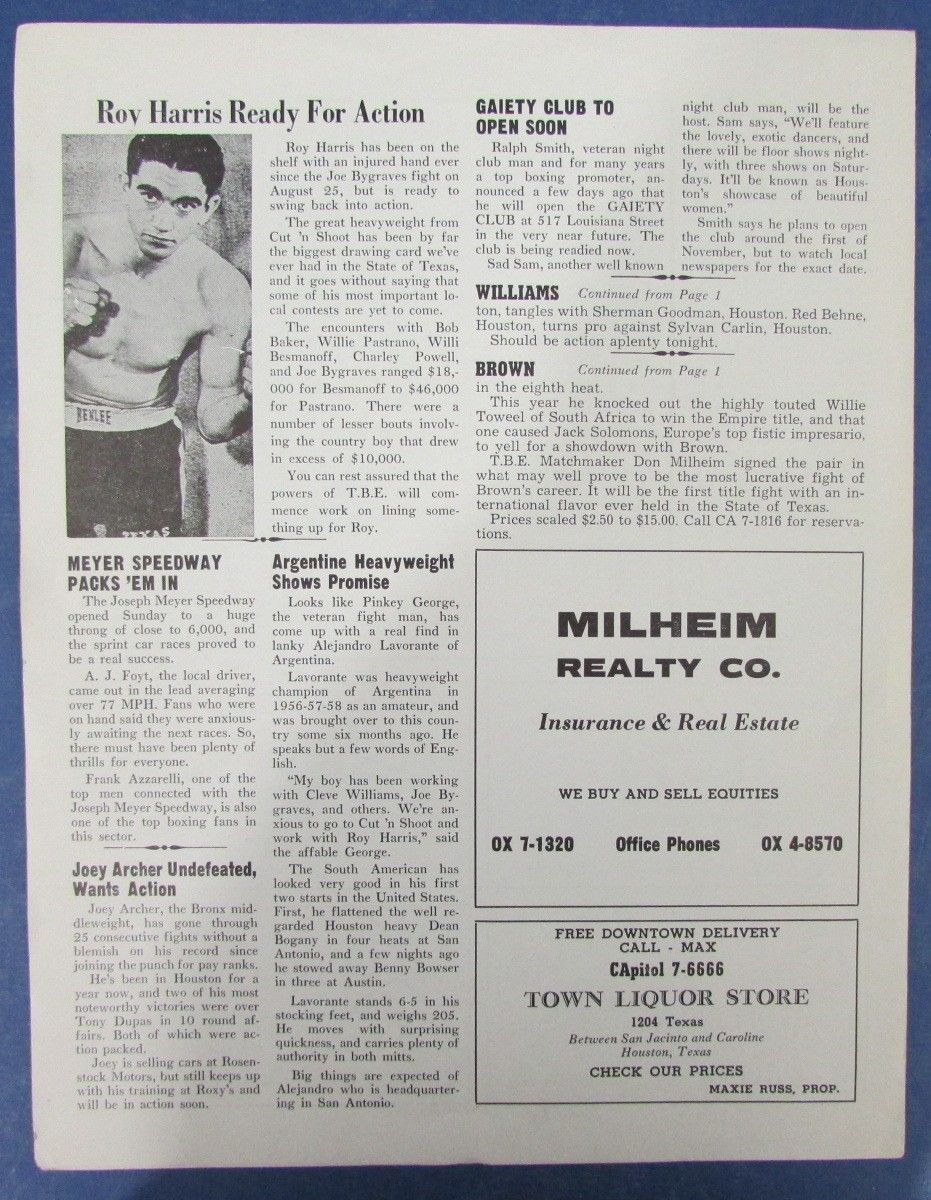 Cleveland Williams v Curley Lee On-Site 1959 Boxing Program 127219