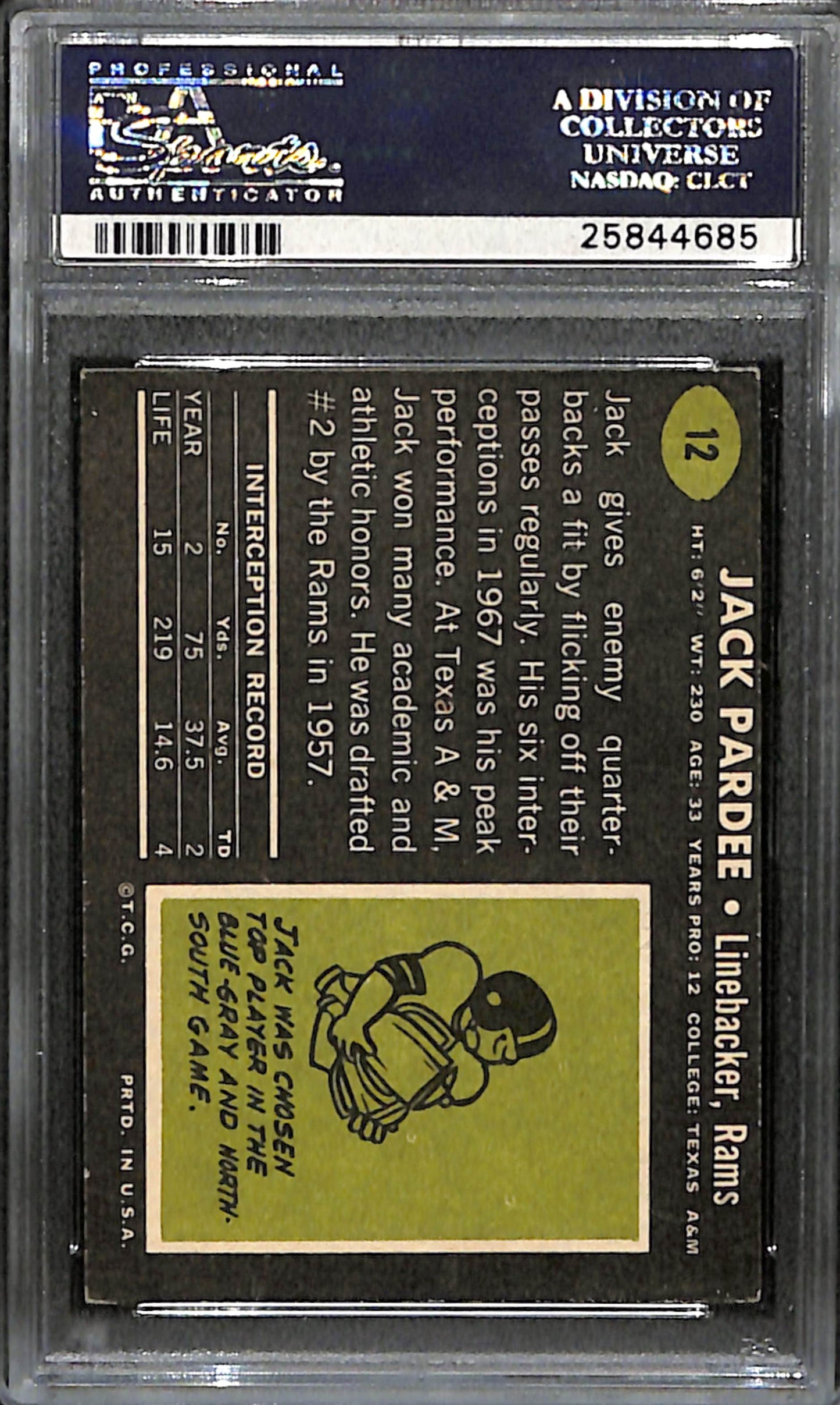 Jack Pardee Signed 1969 Topps Card #12 Los Angeles Rams PSA/DNA 185957
