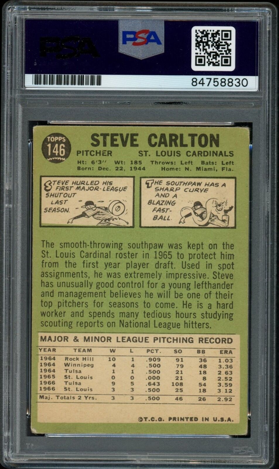 Steve Carlton HOF Signed/Auto 1967 Topps Card #146 Phillies PSA/DNA 175757