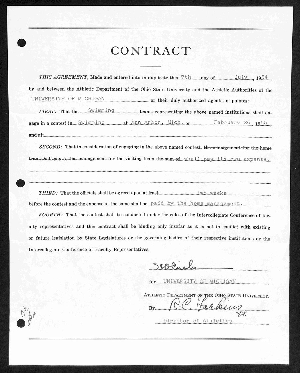 Fritz Crisler CFB HOF Signed 1954 Contract University of Michigan JSA 185590