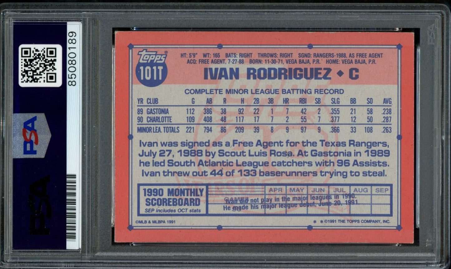 Ivan Rodriguez HOF Signed 1991 Topps Traded Rookie Card #101T Rangers PSA/DNA