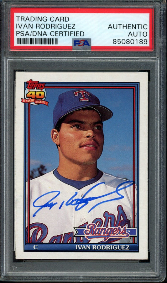 Ivan Rodriguez HOF Signed 1991 Topps Traded Rookie Card #101T Rangers PSA/DNA