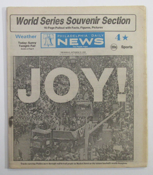 Philadelphia Phillies 1980 World Series Parade Philly Daily News Newspaper 10/23/80