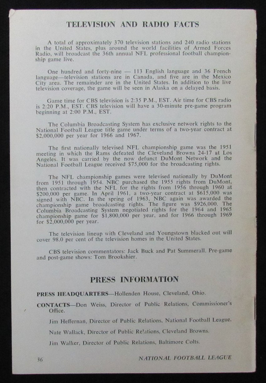 1968 NFL Super Bowl II Media/Press Guide Colts vs. Browns 188815