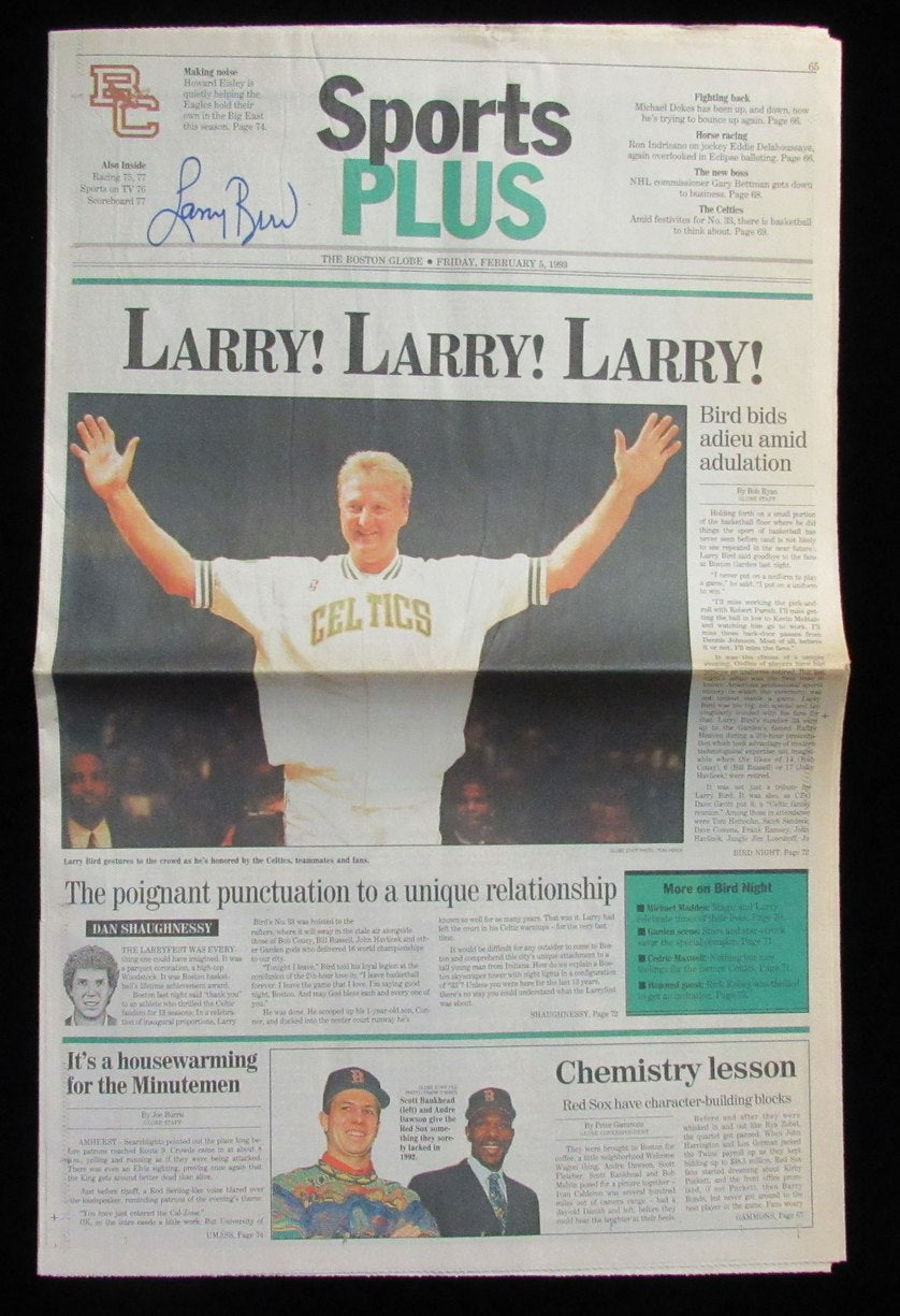 Larry Bird HOF Signed/Auto 2/5/1993 The Boston Globe Boston Celtics JSA 189313