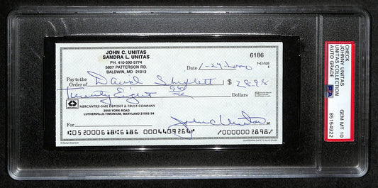 Johnny Unitas HOF Signed/Auto 2000 Bank Check Colts PSA/DNA GEM MT 10 192621