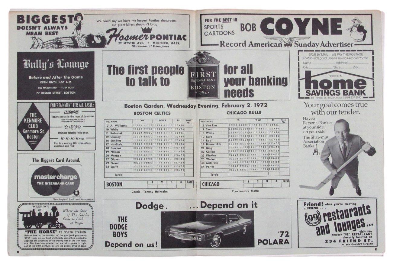 February 2, 1972 Boston Celtics vs. Chicago Bulls Boston Garden Program
