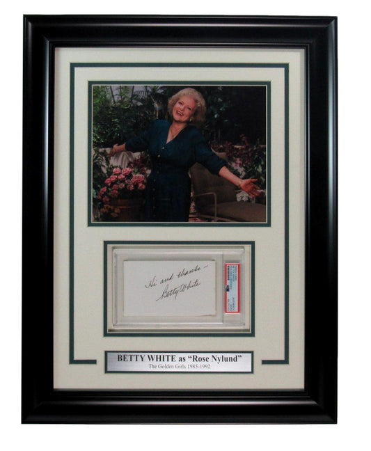Betty White "Golden Girls" Signed/Inscr 3x5 Index Card w/Photo Framed PSA 191934