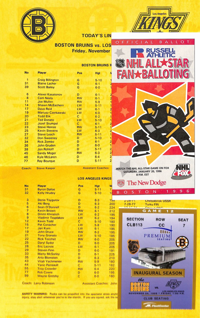 November 24th 1995 Boston Bruins vs. Kings Game Program + Ticket Stub 181793