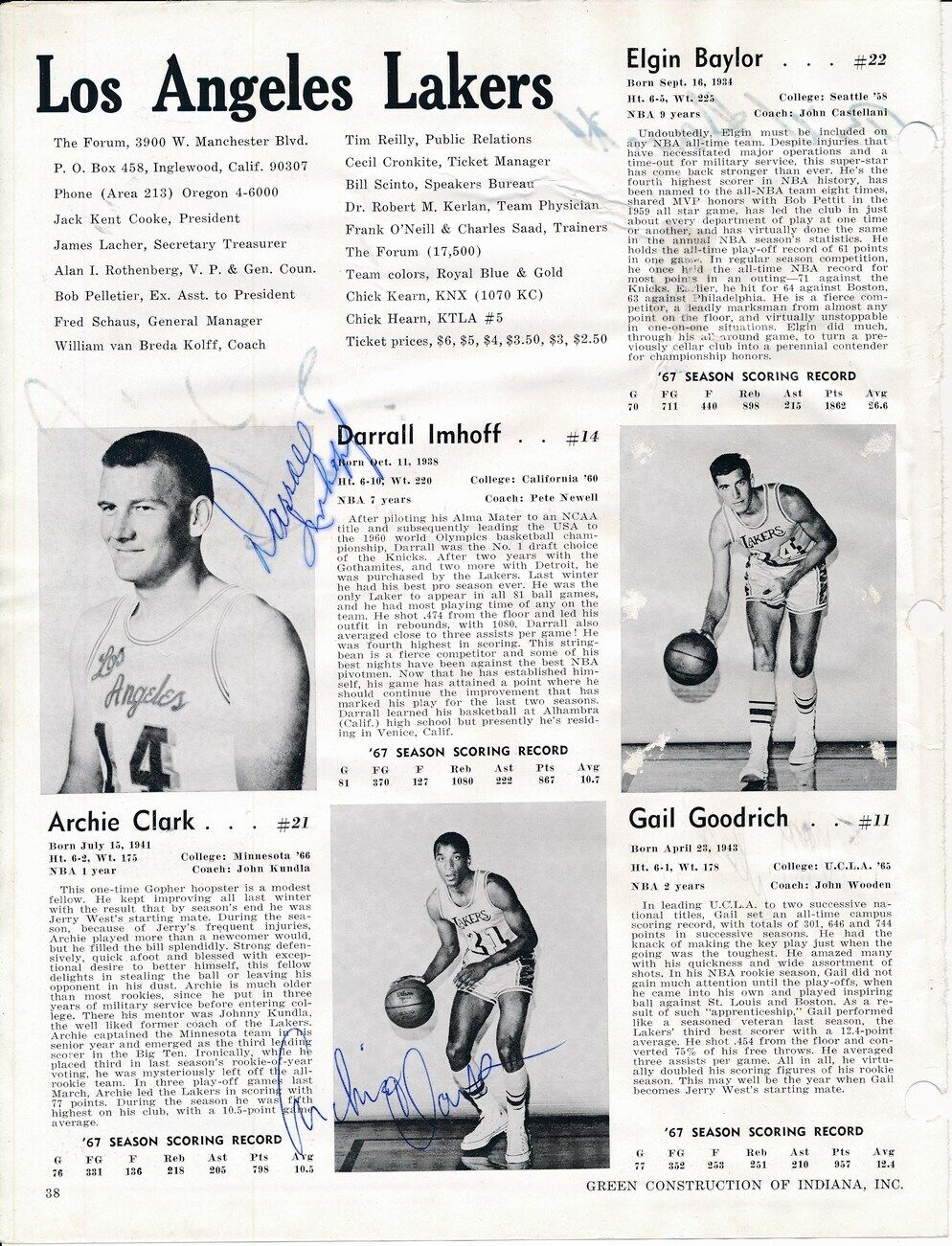 Darrall Imhoff/Archie Clark Los Angeles Lakers Signed 1968 Magazine Cut 151271