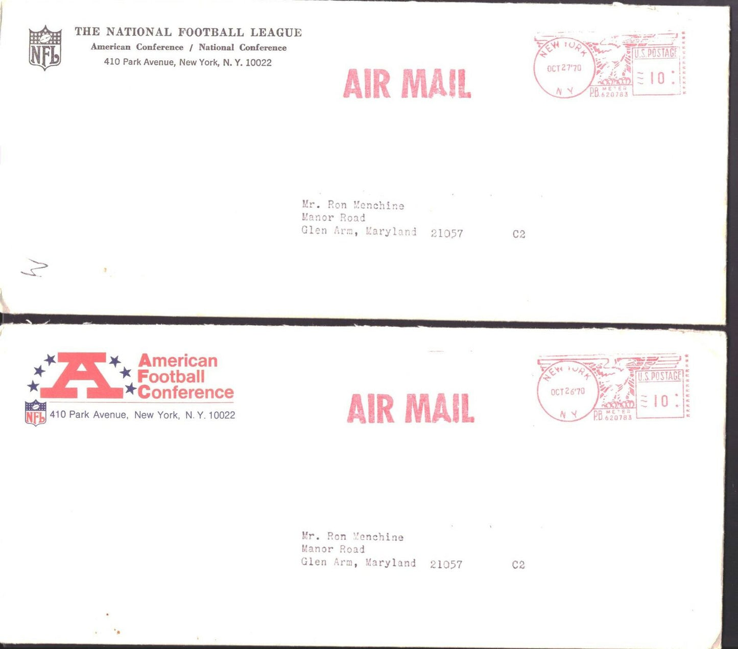 Lot of 2 - 1970 AFC & NFL Newsletters with Envelopes 151573