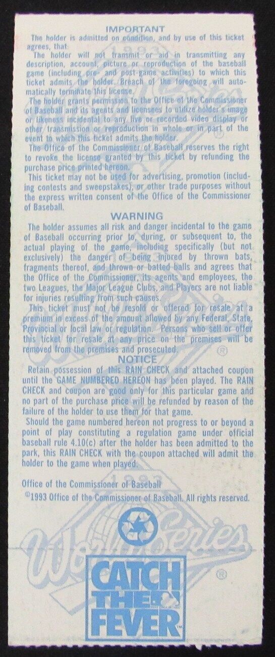 1993 World Series Game 5 Phillies vs. Blue Jays Ticket Stub at Veteran's Stadium