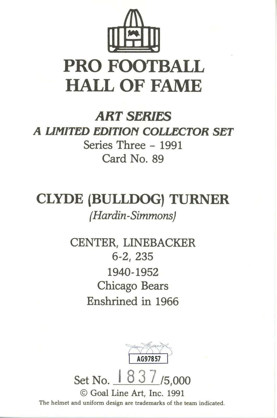 Clyde "Bulldog" Turner HOF Autographed Goal Line Art GLAC Postcard Bears JSA