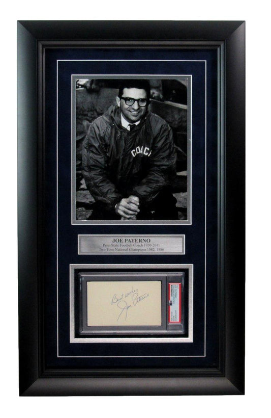 Joe Paterno Signed/Inscribed Cut Card w/ Photo Penn State Framed PSA/DNA 187181