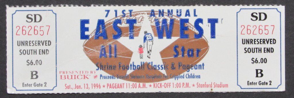 1996 East vs. West Shrine Game Ticket Stub Stanford Stadium  1/13/96