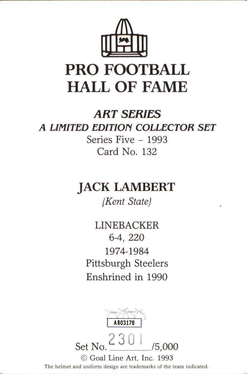 Jack Lambert HOF Steelers Signed/Inscr Goal Line Art GLAC Postcard JSA 167059