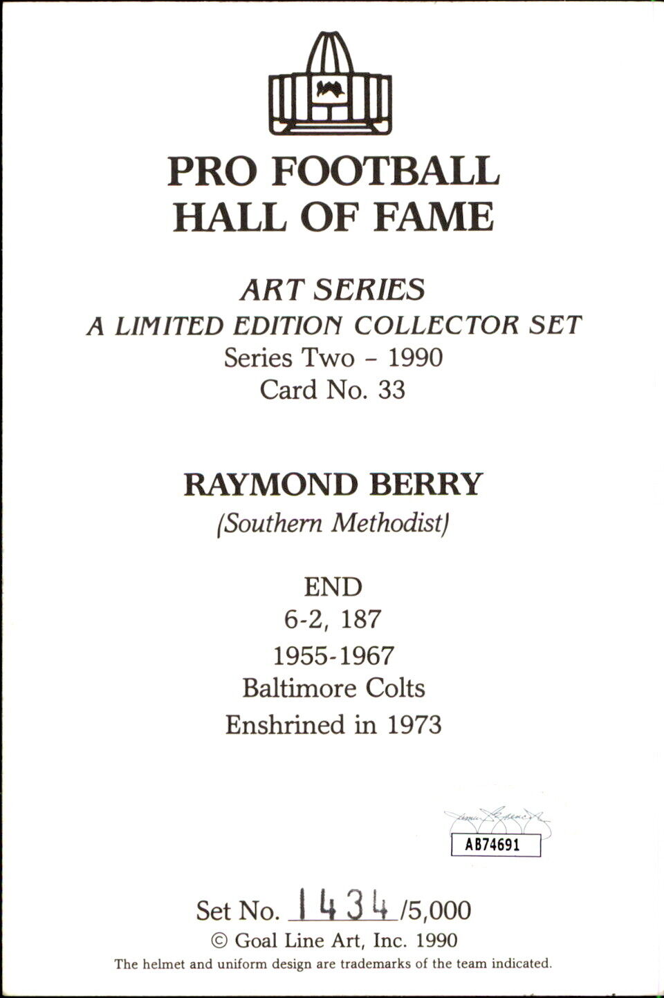 Raymond Berry HOF Autographed Goal Line Art GLAC Postcard Baltimore Colts JSA