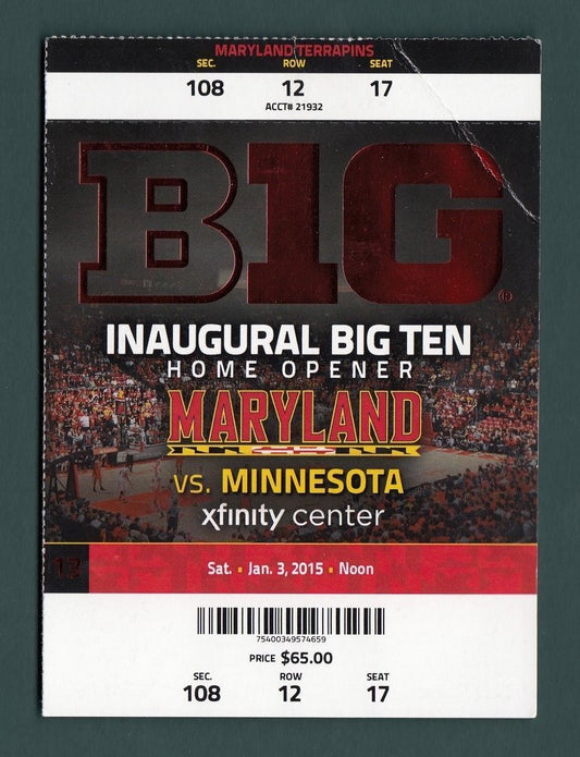 2015 Maryland vs. Minnesota Basketball Big 10 Home Opener Ticket Stub 128488