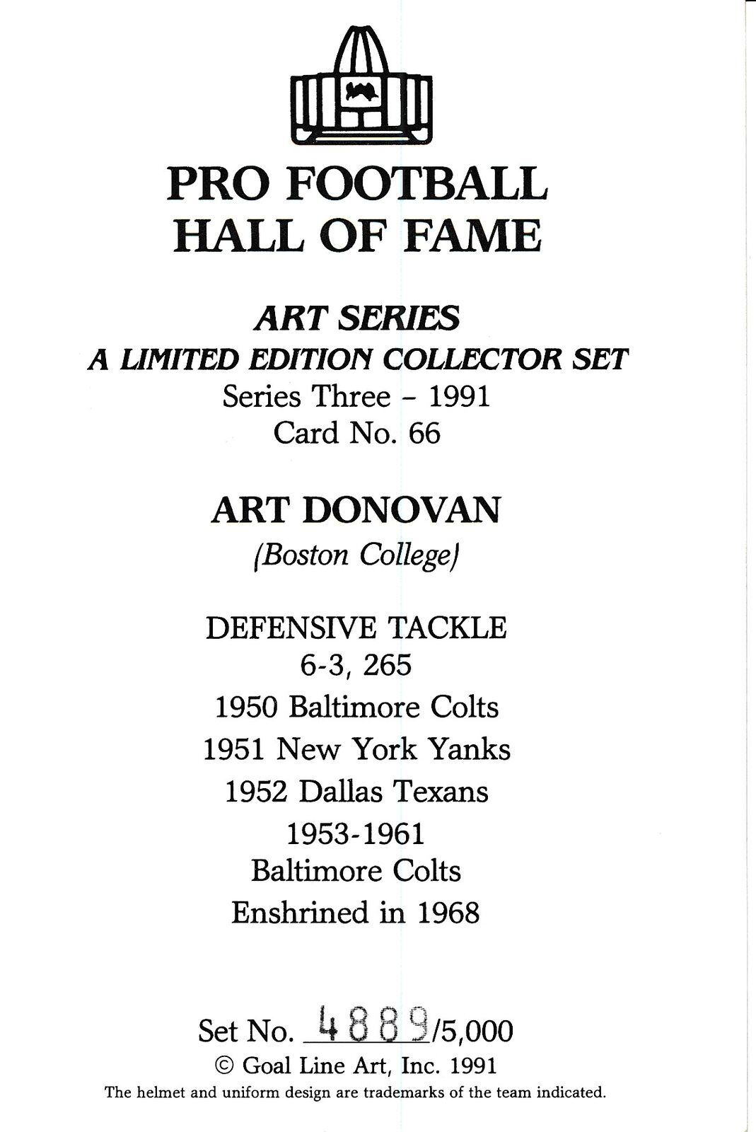 Art Donovan HOF Colts Signed/Autographed Goal Line Art GLAC Postcard 163842