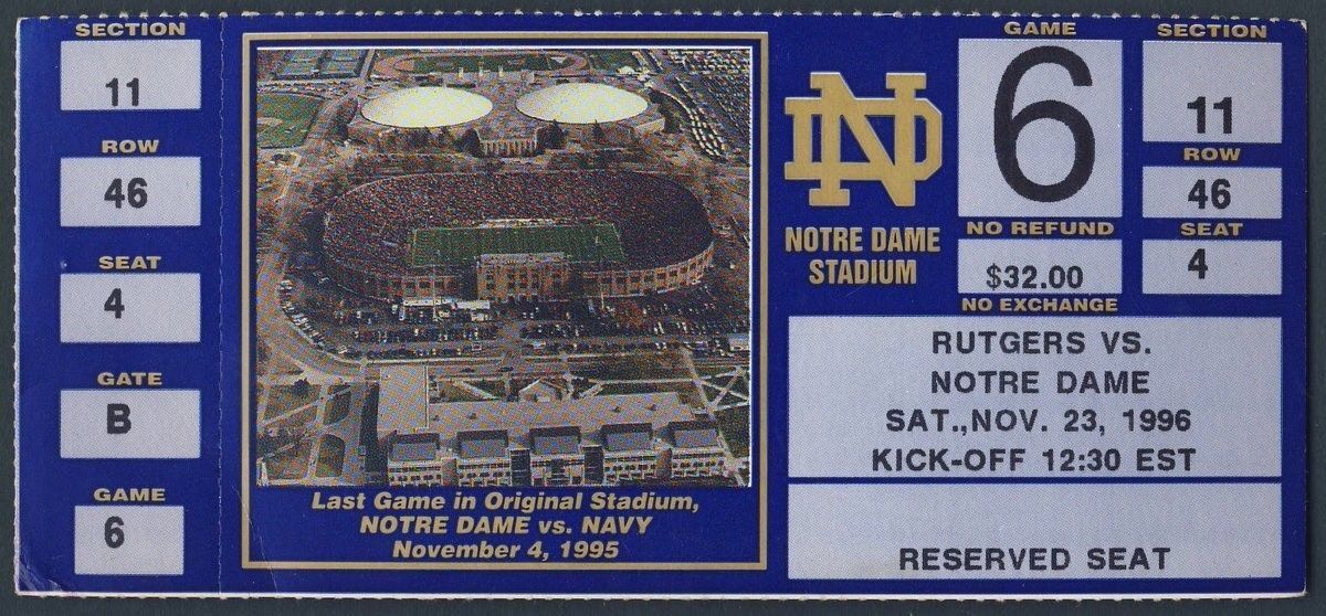 1996 Notre Dame vs. Pitt Full Unused Ticket 128325