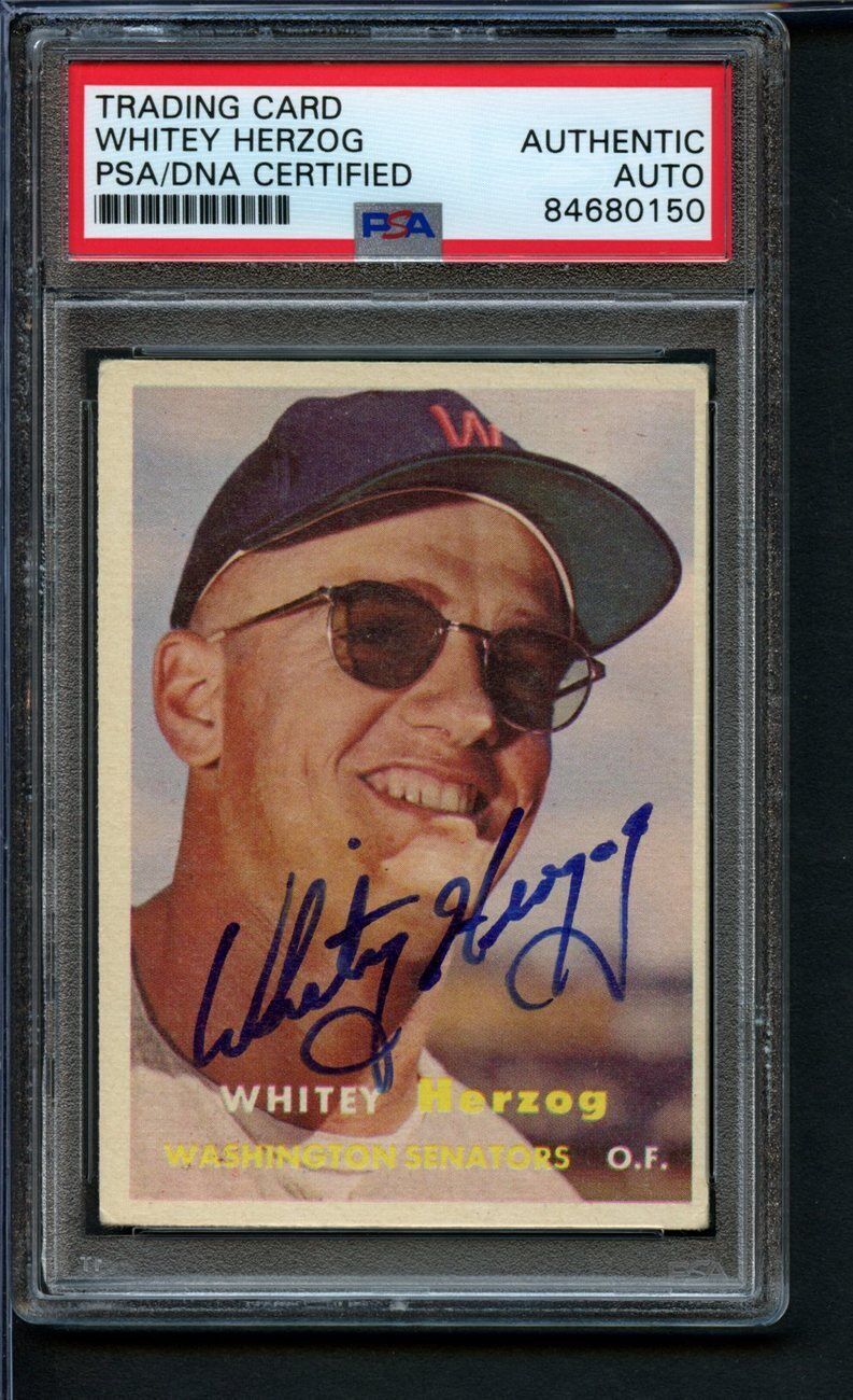 1957 TOPPS Rookie Whitey Herzog HOF #29 Card Signed Washington PSA/DNA