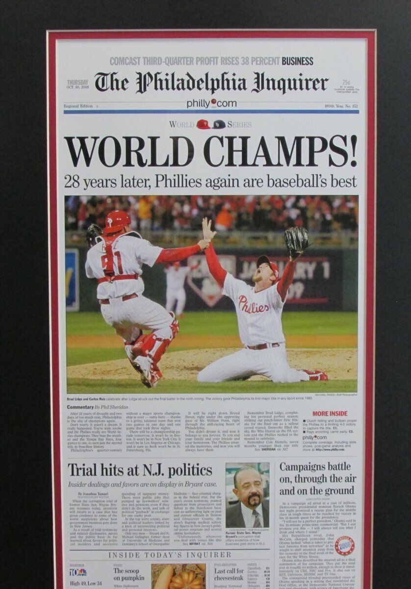 2008 Philadelphia Inquirer "World Champs" Phillies Print Framed Newspaper 136621