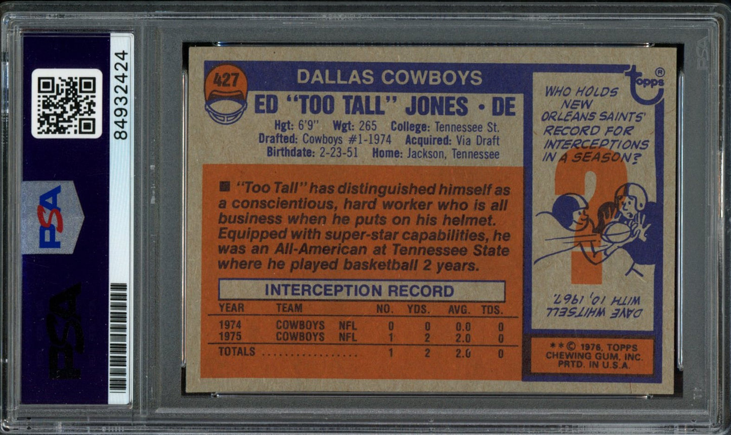 Ed "Too Tall" Jones Signed/Auto 1976 Topps Card #427 Cowboys PSA/DNA 188023