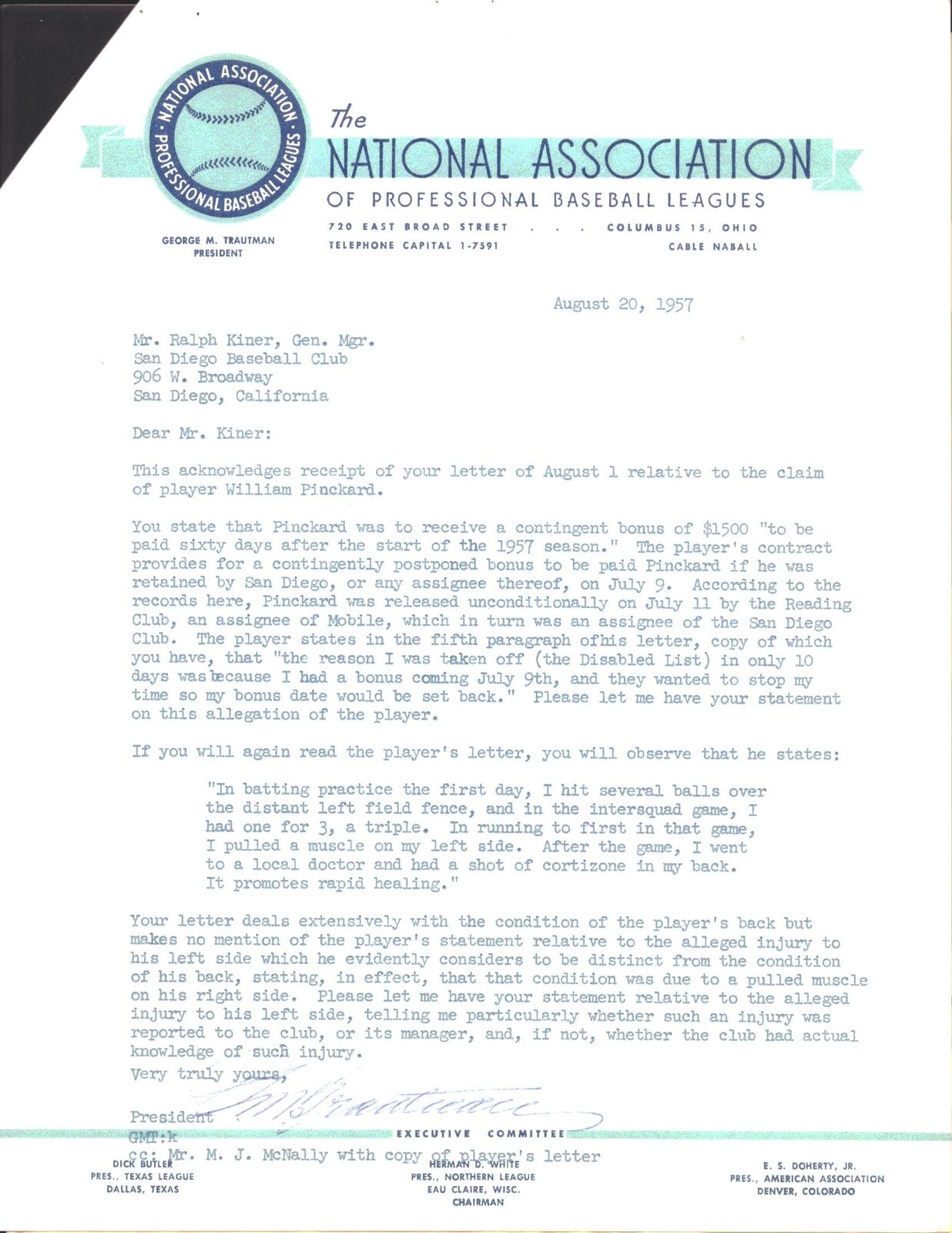 George Trautman Ohio State Buckeyes Signed National Assoc. Letterhead 151636