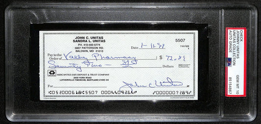 Johnny Unitas HOF Signed/Auto 1999 Bank Check Colts PSA/DNA GEM MT 10 189581