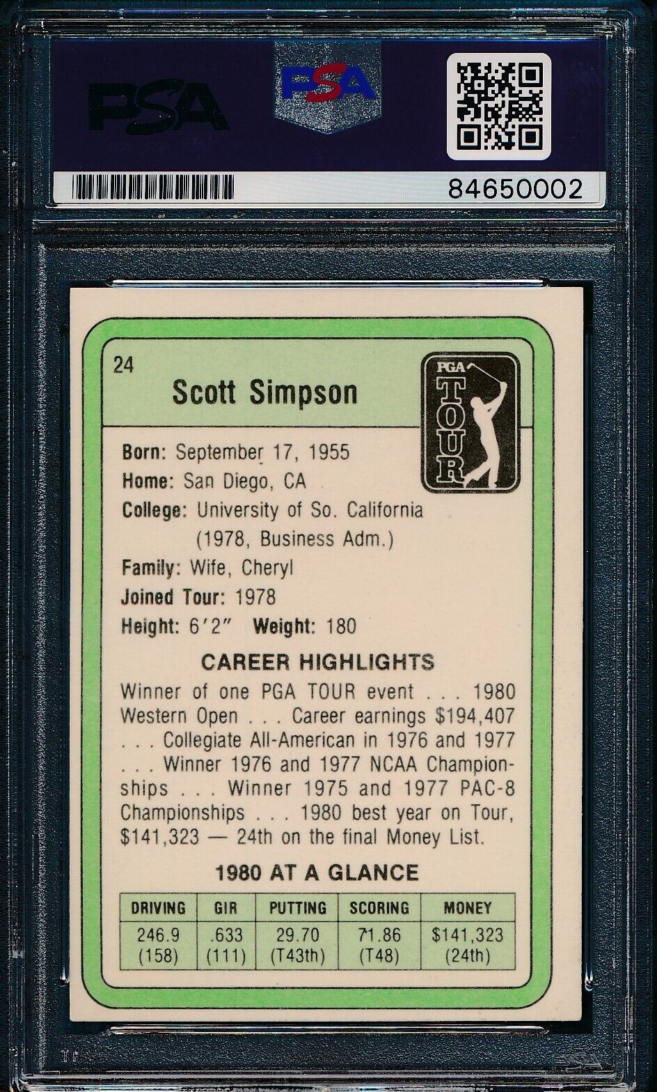 1981 DONRUSS PGA Scott Simpson #24 Authentic Card Signed PSA/DNA 176078