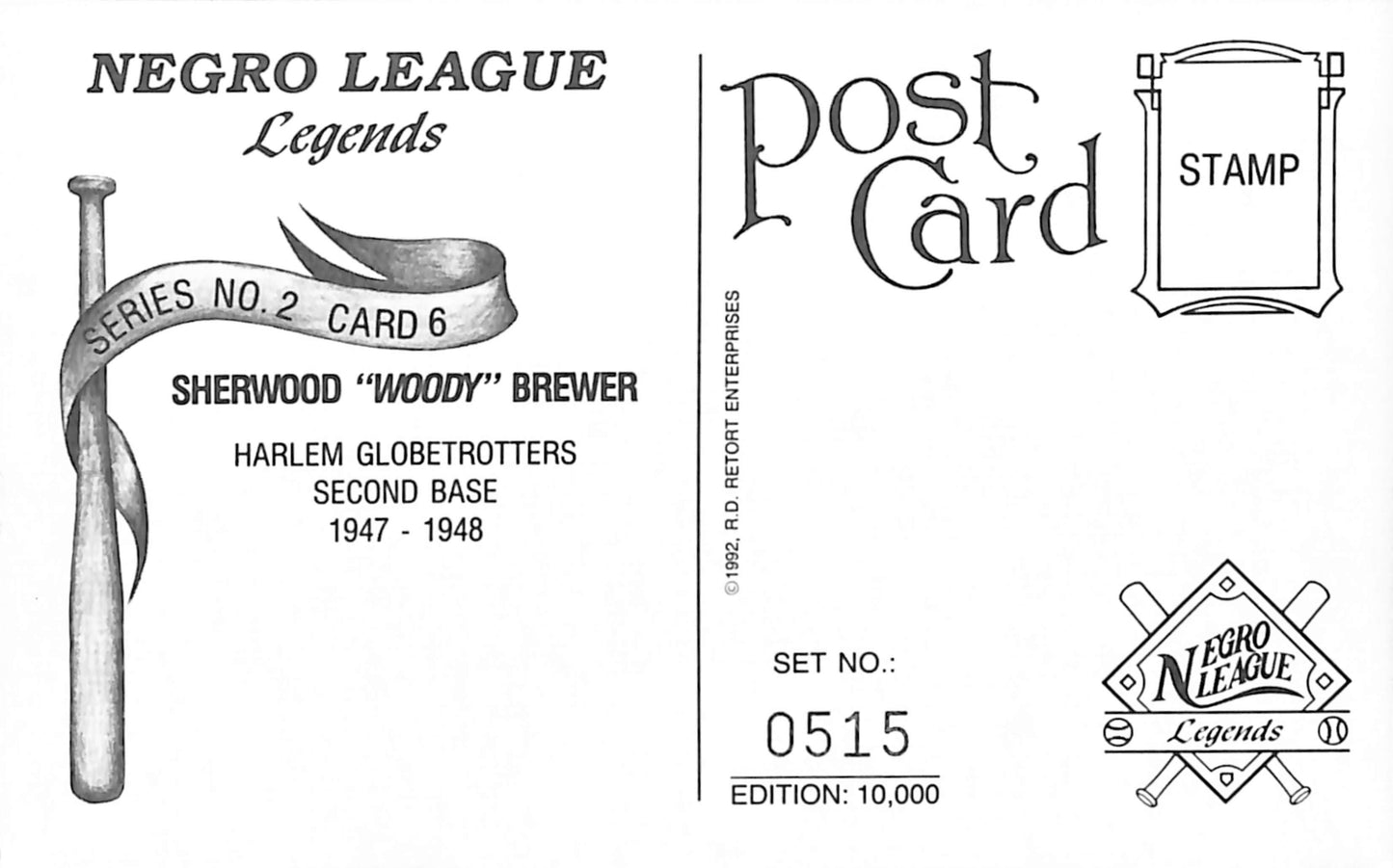 Sherwood Brewer Signed 1991 Negro League Legends Post Card Harlem 181271