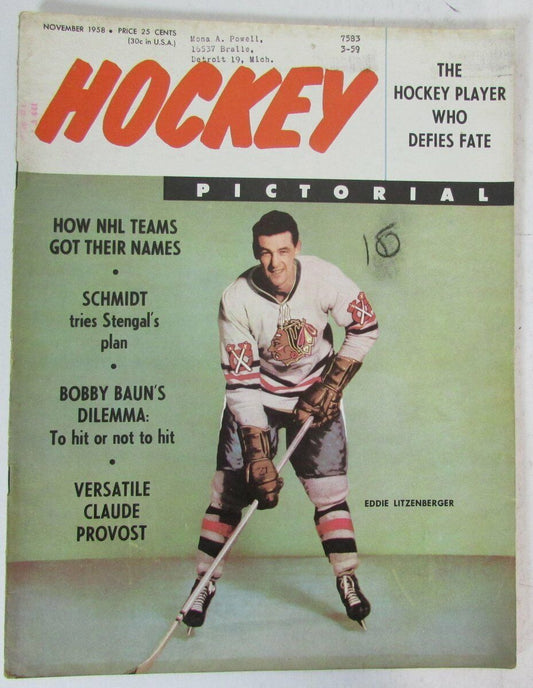 Hociey Pictorial Magazine Nov. 1958 Eddie Litenberger Blackhawks Cover 147065