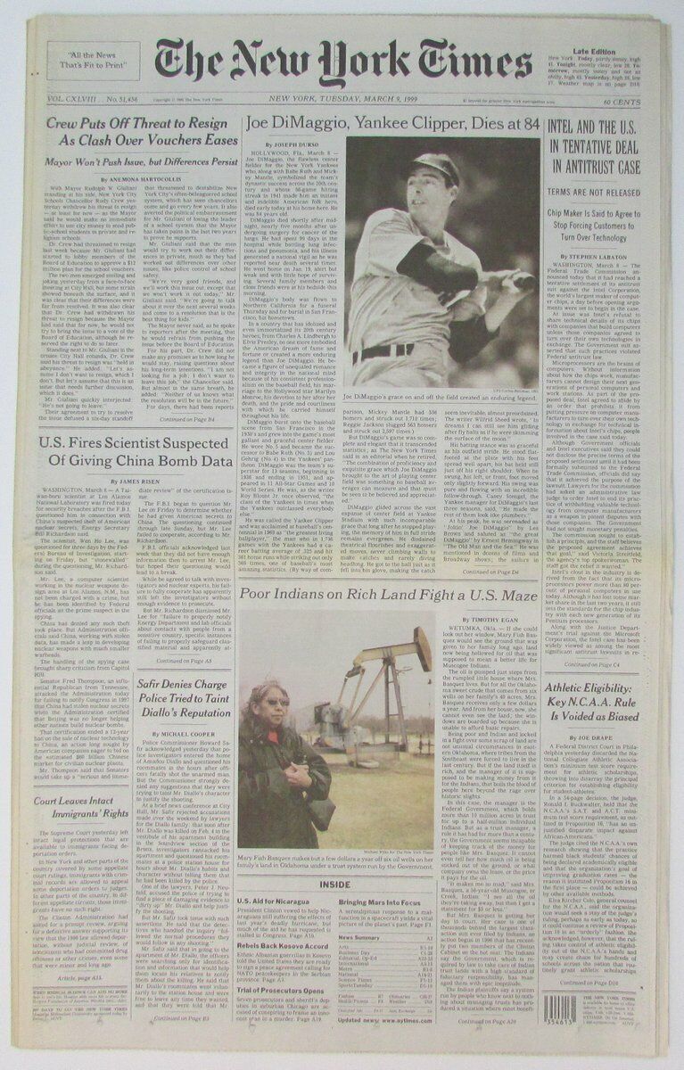 Joe DiMaggio New York Yankees Dies 1999 New York Times Newspaper 147866