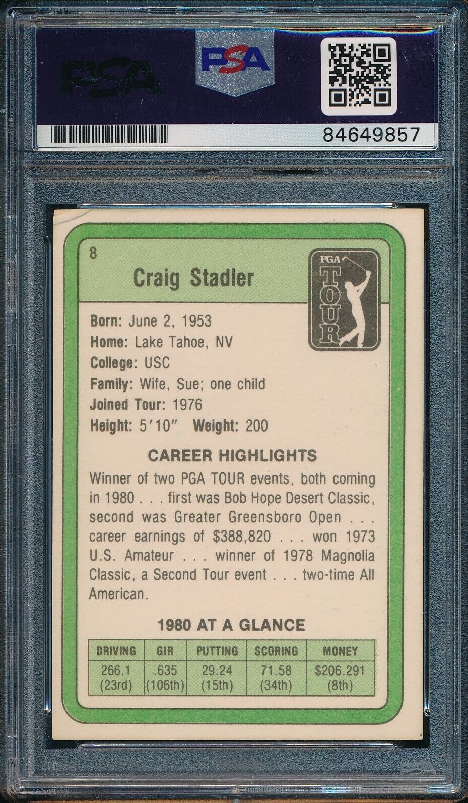 1981 DONRUSS PGA Craig Stadler #8 Authentic Card Signed PSA/DNA 176022