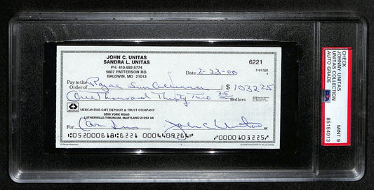 Johnny Unitas HOF Signed/Auto 2000 Bank Check Colts PSA/DNA MINT 9 193242