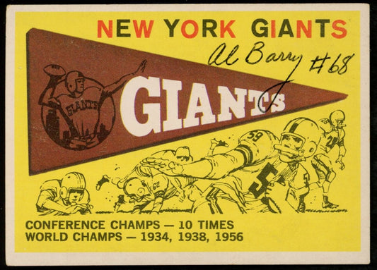 1959 TOPPS Football Card #53 Signed/Auto Al Barry New York Giants