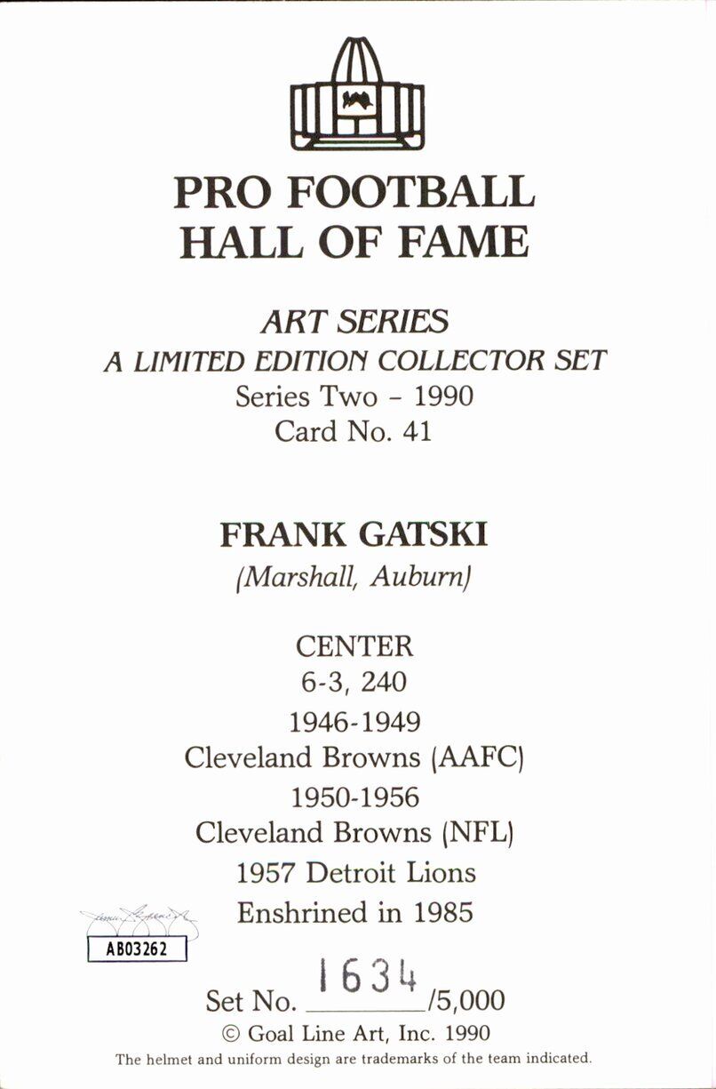 Frank Gatski HOF Browns Signed/Auto Goal Line Art GLAC Postcard JSA 167150