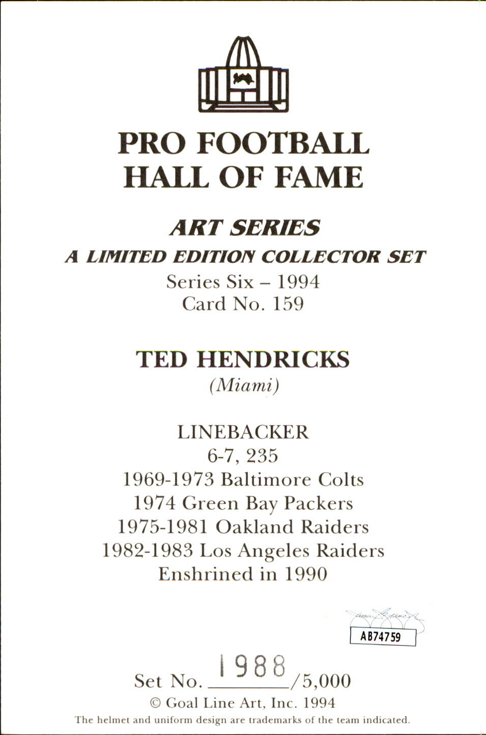 Ted Hendricks HOF Autographed/Inscribed Goal Line Art GLAC Postcard Raiders JSA