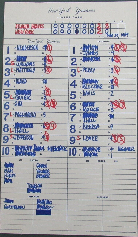 1989 New York Yankees Spring Training 9x15 Lineup Card vs.Braves Murphy 151338