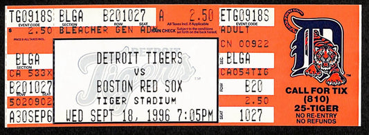 September 18, 1996 Tigers vs. Red Sox Full Ticket Roger Clemens 20 K's 193200