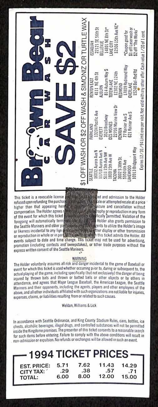 Al Kaline HOF Signed/Auto Sept 30, 1994 Full Ticket Mariners vs. Tigers 193198