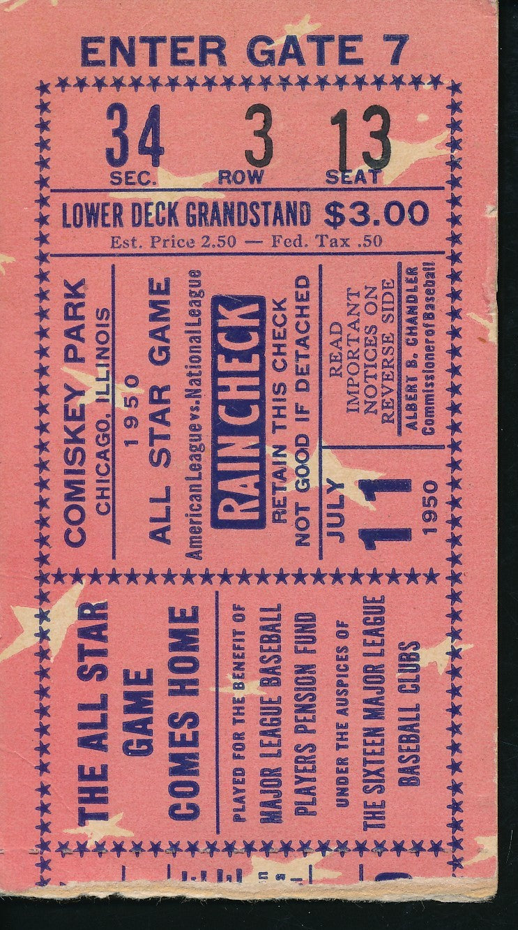1950 MLB All-Star Game Ticket Stub at Comiskey Park, Chicago, Illinois 193540
