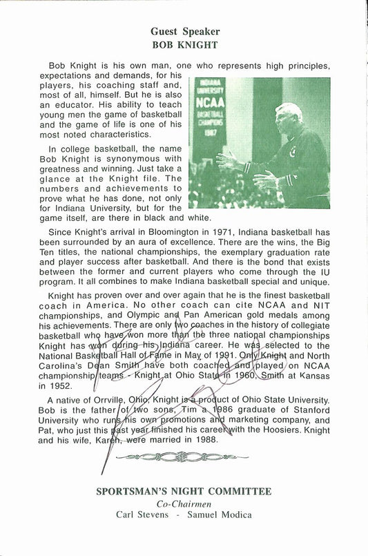 Bob Knight Signed/Autographed Sportsman's Night Program Hoosiers JSA 193783