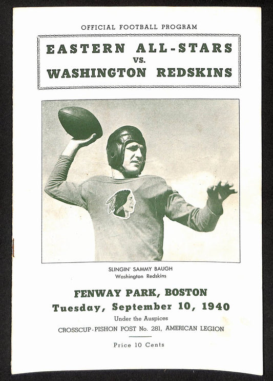 9/10/1940 Eastern All-Stars vs. Washington Redskins Program Sammy Baugh 194931