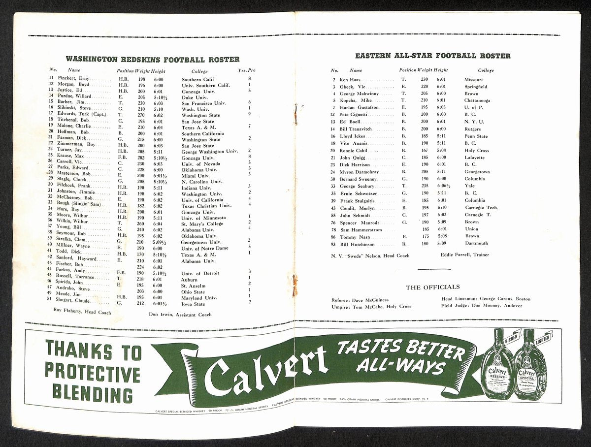 9/10/1940 Eastern All-Stars vs. Washington Redskins Program Sammy Baugh 194931