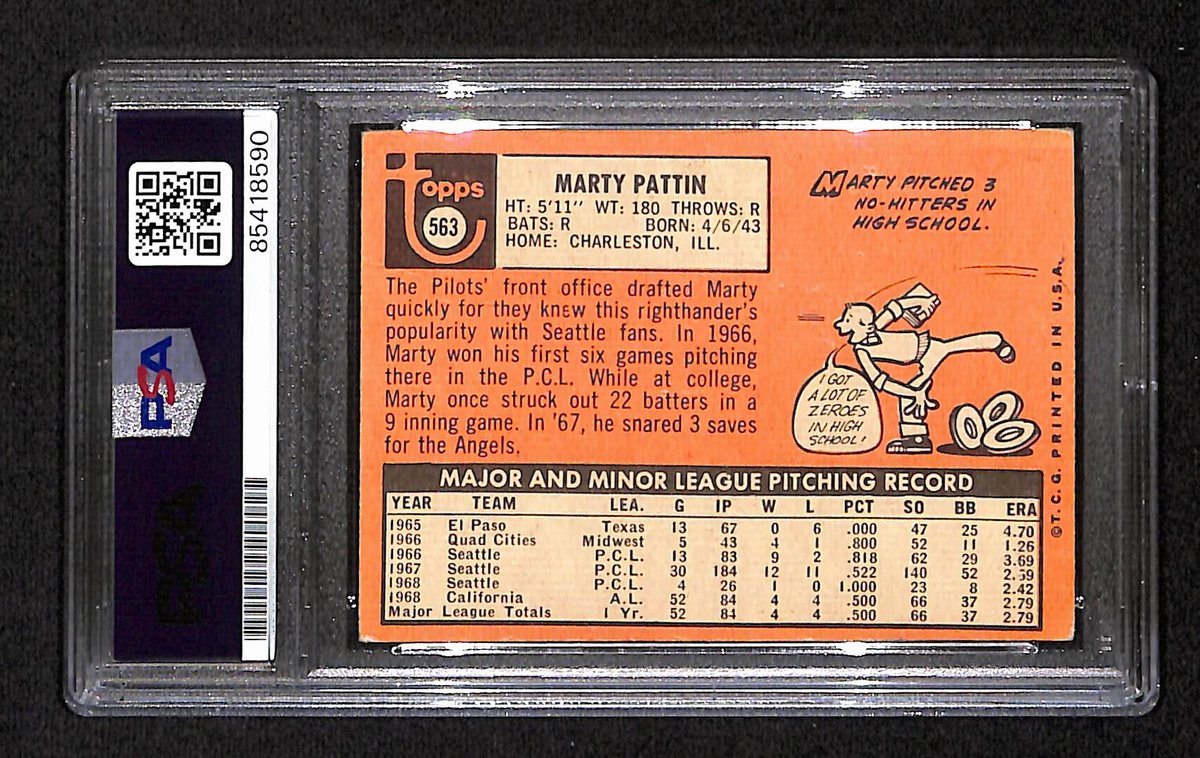 Marty Pattin Seattle Pilots Signed/Auto 1969 TOPPS Card #563 PSA/DNA 194917