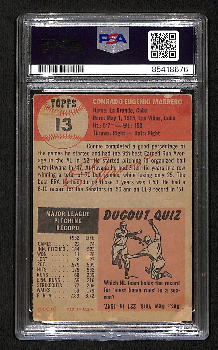 Connie Marrero Senators Signed/Auto 1953 TOPPS Card #13 PSA/DNA 193849