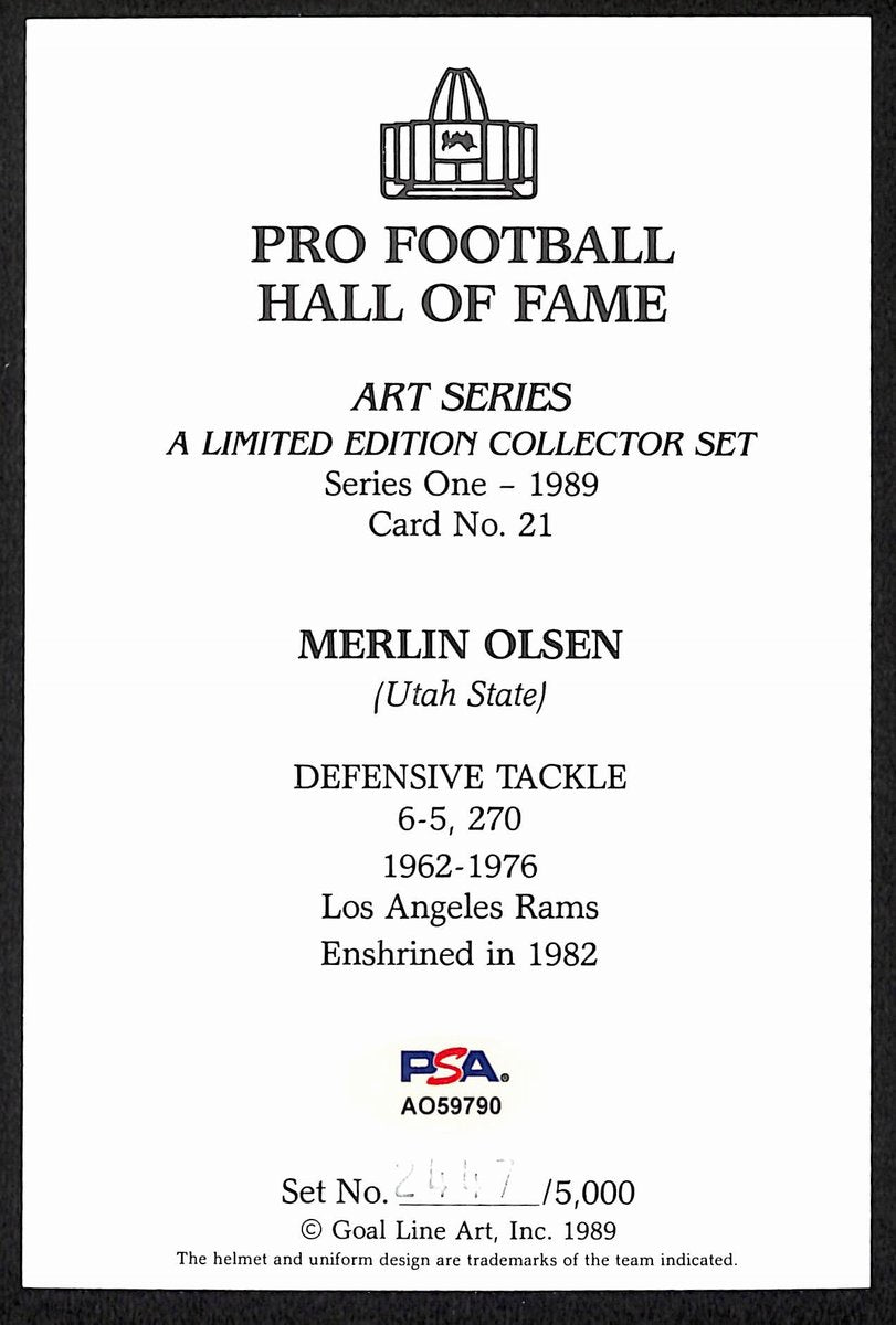 Merlin Olson HOF Signed/Auto 1989 Goal Line Art GLAC Postcard Rams PSA 194723